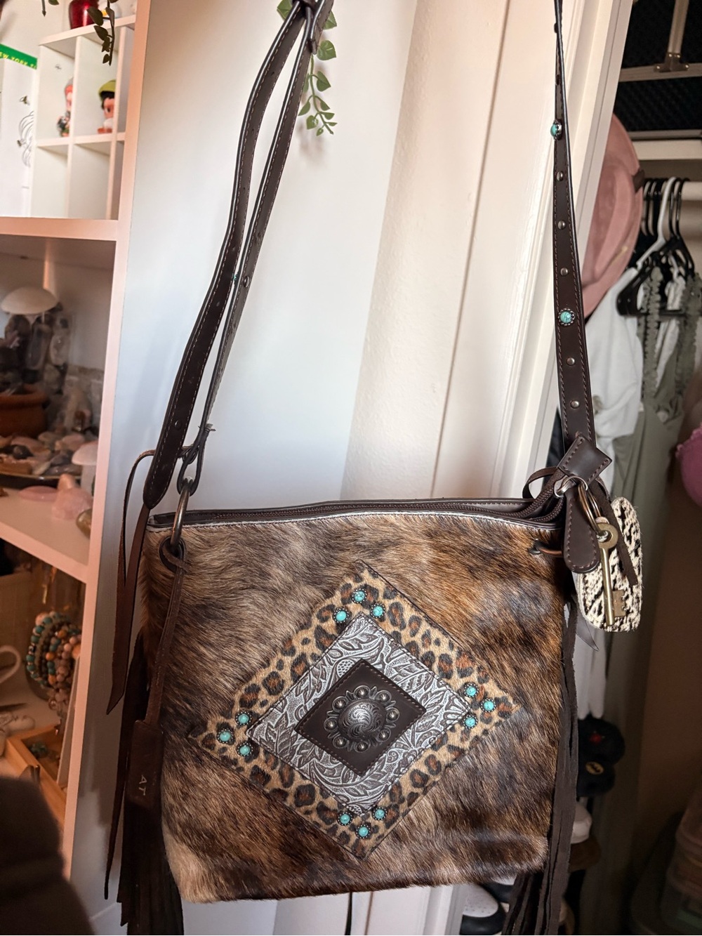 Ariat Brown Haircalf Crossbody with Turquoise Studs